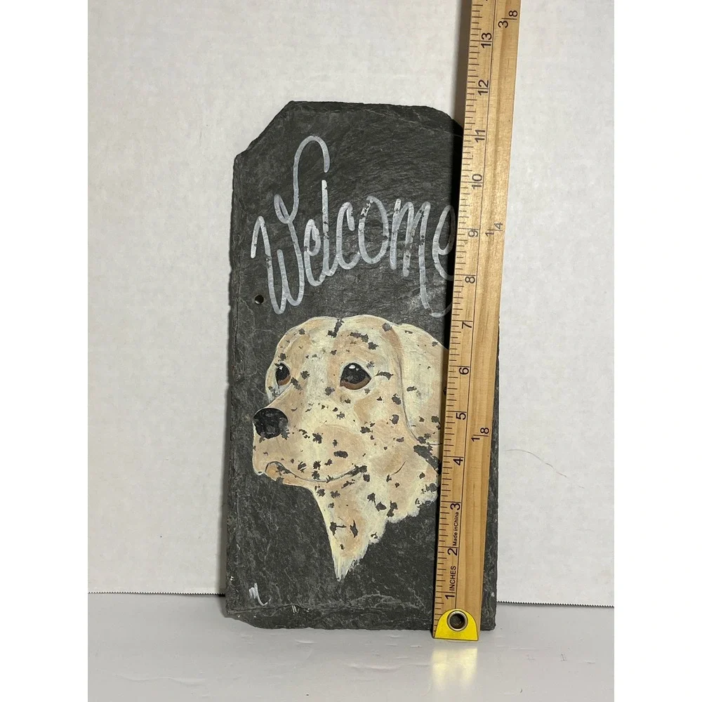 Hand Painted Slate Welcome Sign Yellow Labrador Retriever Dog Rustic Stone Decor